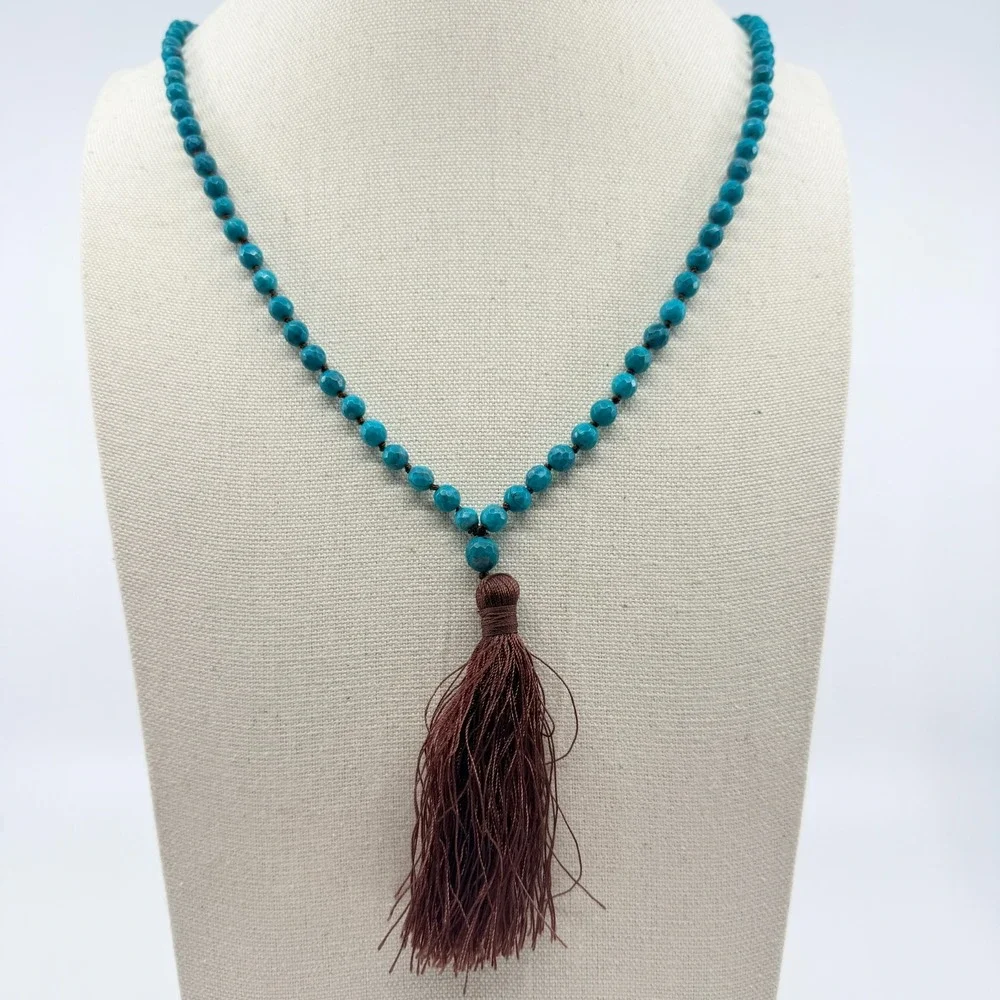 Necklace Vintage Bright Blue Stone‎ Knotted Mala Brown Tassel Boho Statement 90s
